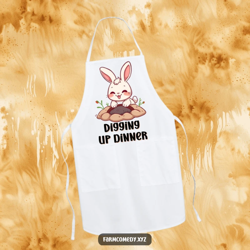 Funny Rabbit Digging Apron: A playful rabbit digs a hole with a joyful expression, ideal for kitchen fun and a funny gift.