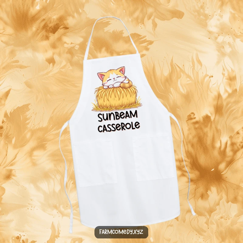 Funny Cat Sunbeam Nap Apron: A happy cat naps in a sunbeam on a hay bale, ideal for kitchen relaxation and a funny gift.