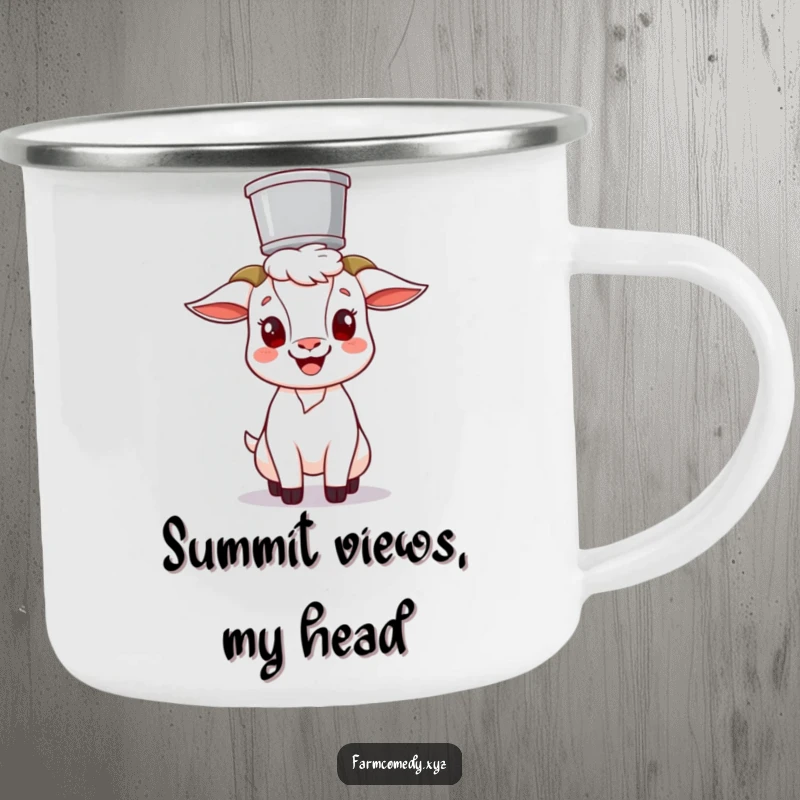 Funny Goat Balancing Bucket Camping Mug: A cheerful goat character humorously balances a bucket on its head, perfect for outdoor laughs and gifts.