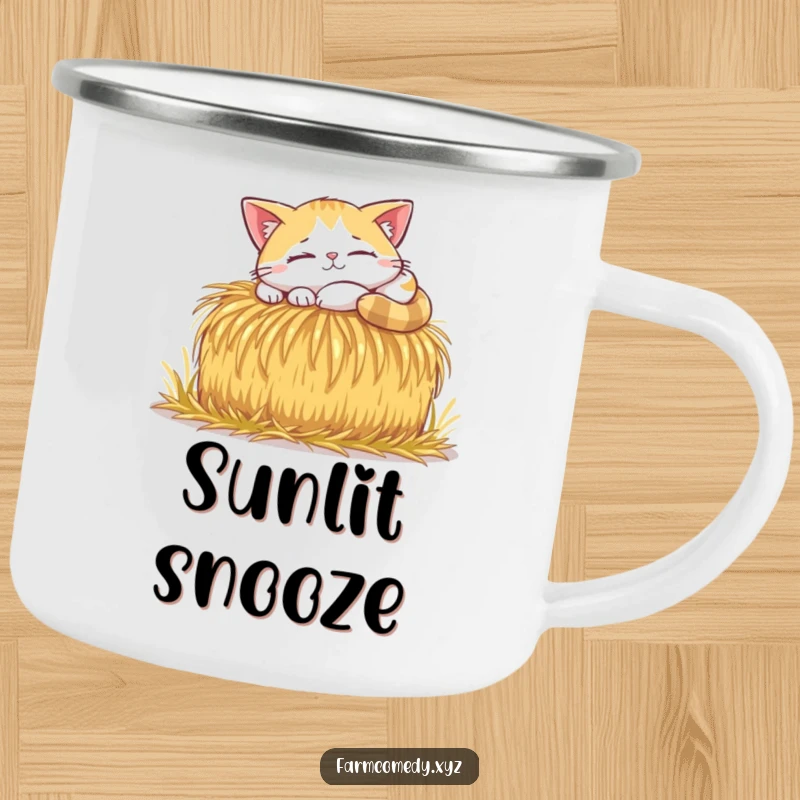 Funny Cat Sunbeam Nap Camping Mug: A happy cat naps in a sunbeam on a hay bale, perfect for outdoor comfort and gifts.