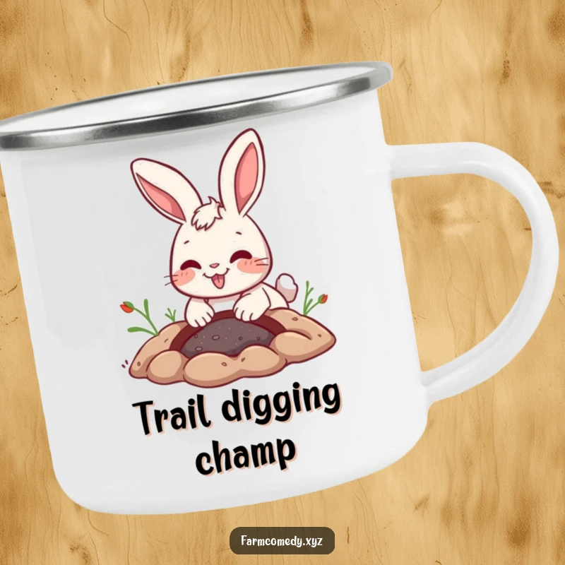 Funny Rabbit Digging Camping Mug: A playful rabbit digs a hole with a joyful expression, perfect for outdoor fun and gifts.