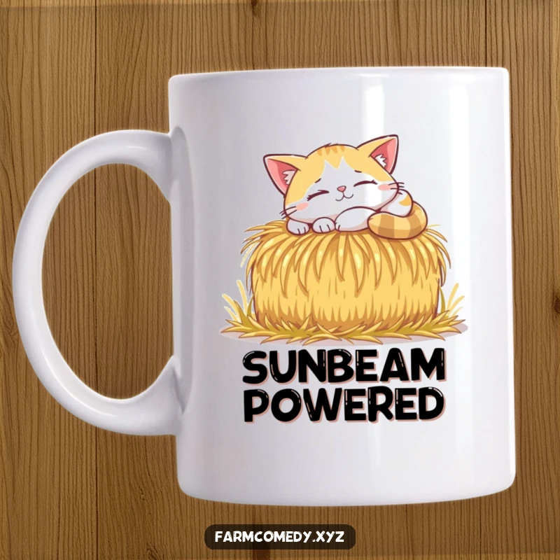 Funny Cat Sunbeam Nap Mug: A happy cat naps in a sunbeam on a hay bale, ideal for cat lovers and a funny gift.