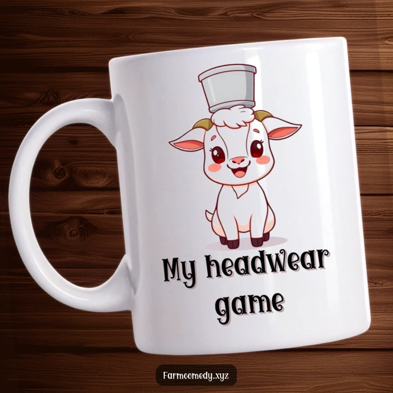 Funny Goat Balancing Bucket Mug: A cheerful goat character humorously balances a bucket on its head, perfect for a farm animal lover's gift.