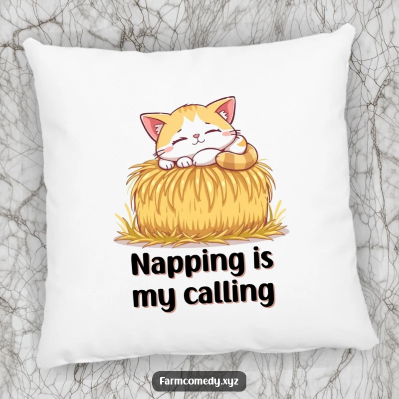 Funny Cat Sunbeam Nap Pillow: A happy cat naps in a sunbeam on a hay bale, adding cozy comfort and funny charm.