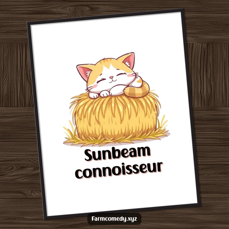 Funny Cat Sunbeam Nap Digital Art: A happy cat naps in a sunbeam on a hay bale, perfect for funny and instant decor.