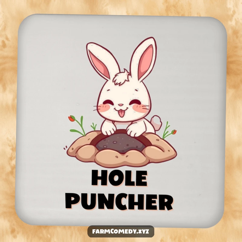 Funny Rabbit Digging Coaster: A playful rabbit digs a hole with a joyful expression, protecting surfaces with funny bunny art.