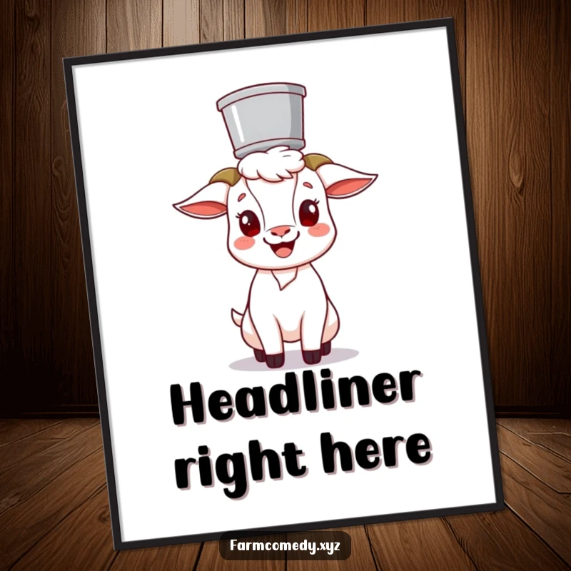 Funny Goat Balancing Bucket Poster: A cheerful goat character humorously balances a bucket on its head, creating funny and uplifting wall art.
