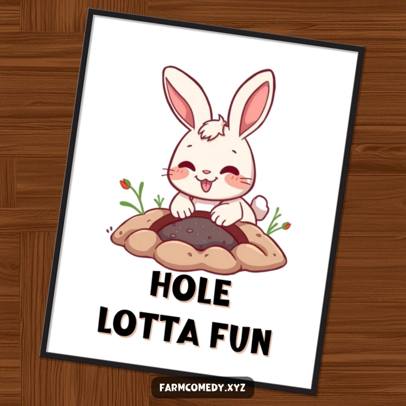 Funny Rabbit Digging Poster: A playful rabbit digs a hole with a joyful expression, perfect for energetic and funny wall art.