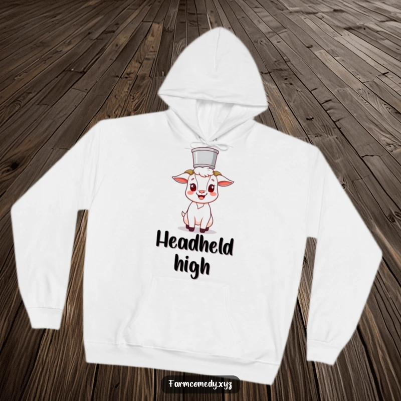 Funny Goat Balancing Bucket Hoodie: A cheerful goat humorously balances a bucket on its head, offering warmth and laughs for any occasion.