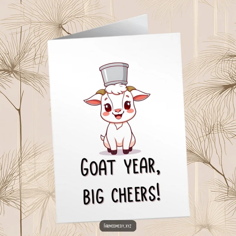 Funny Free Printable Birthday Card featuring a happy goat balancing a bucket on its head, ready to party.