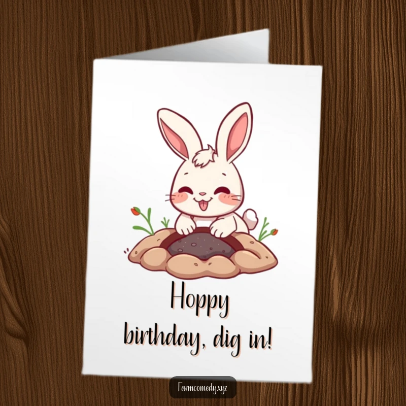 Funny Free Printable Birthday Card: A playful rabbit with a joyful expression digs a hole with excitement.