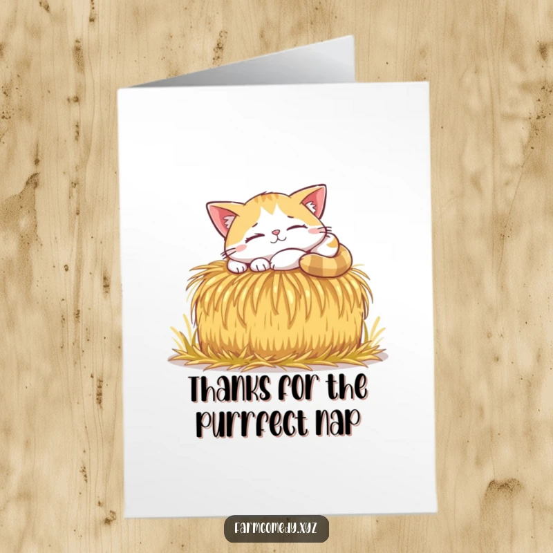 Funny Free Printable Thank You Card: A content cat naps in a sunbeam on hay, sending warm thanks.