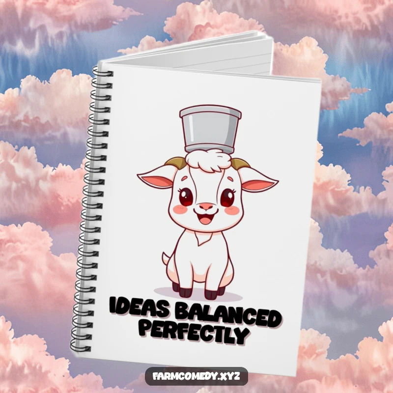 Funny Goat Balancing Bucket Notebook: A cheerful goat character humorously balances a bucket on its head, ideal for journaling and funny notes.