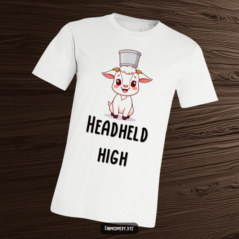 Funny Goat Balancing Bucket T-Shirt: A cheerful goat character humorously balances a bucket on its head, a fun tee for animal lovers.