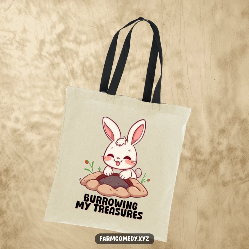 Funny Rabbit Digging Tote Bag: A playful rabbit digs a hole with a joyful expression, ideal for shopping and funny gifts.