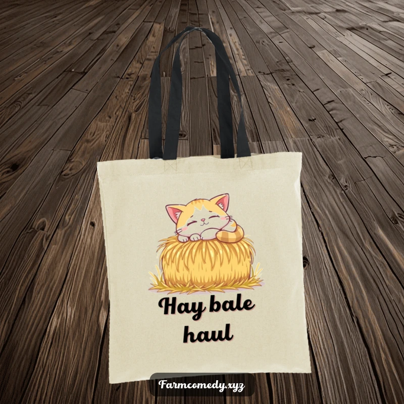 Funny Cat Sunbeam Nap Tote Bag: A happy cat naps in a sunbeam on a hay bale, ideal for shopping and funny gifts.